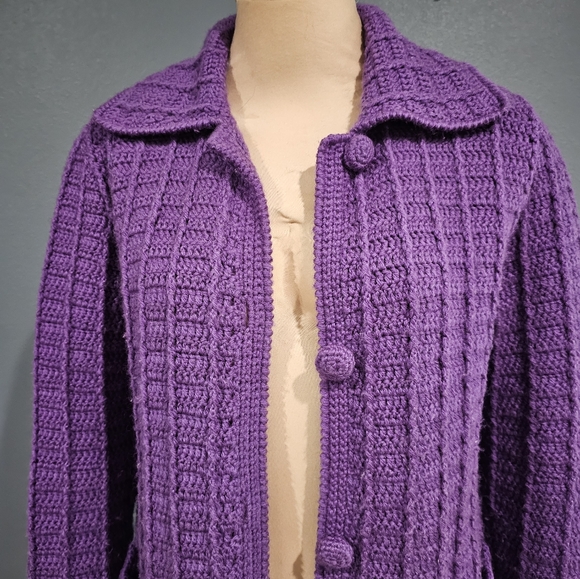 Vintage Hand Knit Purple Chunky Knit Sweater Cardigan M/L - Picture 3 of 9